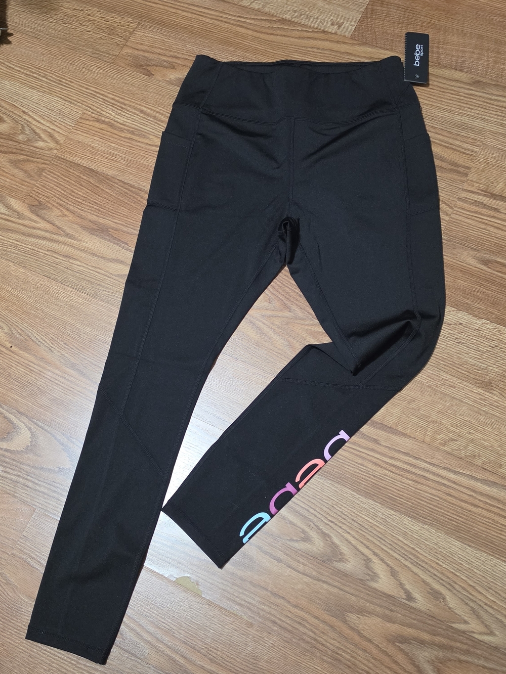 BEBE SPORT Black Athletic Leggings with Multicolor Logo